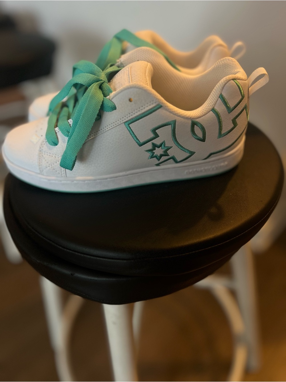 DC Kids White Sneakers with Teal Trim and Laces